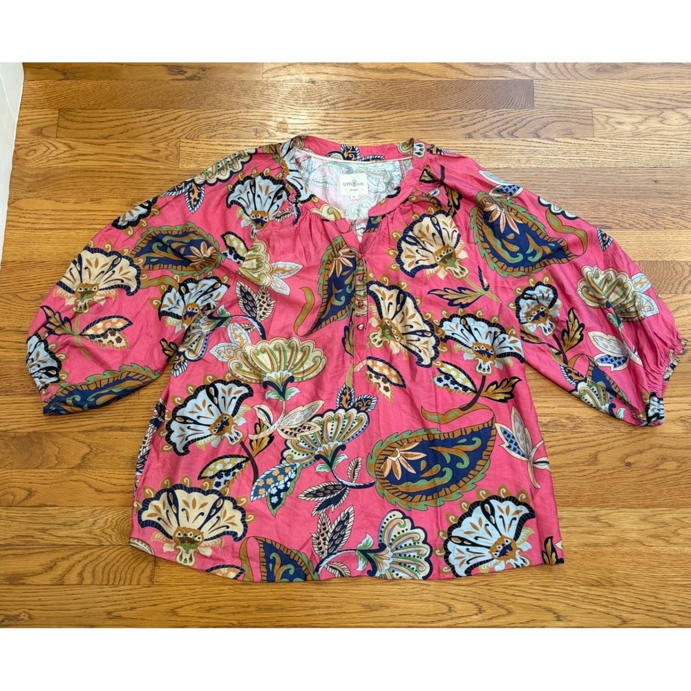 Umgee Pink Paisley Floral Tunic Blouse Henley Balloon Sleeve 1XL WK0646